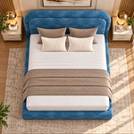 Ocean Blue Upholstered Platform Bed with Curved Rounded Headboard & Textured Fabric Frame 