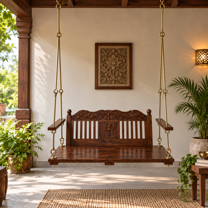 Translation missing: en.Wooden Jhula for Adults for Home Swing Jhula with Brass Chain and Carving for 