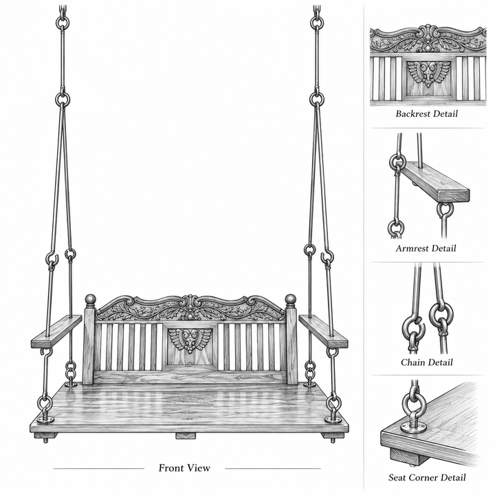 Translation missing: en.Wooden Jhula for Adults for Home Swing Jhula with Brass Chain and Carving for 