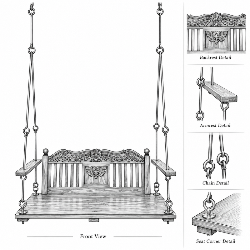 Wooden Jhula for Adults for Home Swing Jhula with Brass Chain and Carving for 