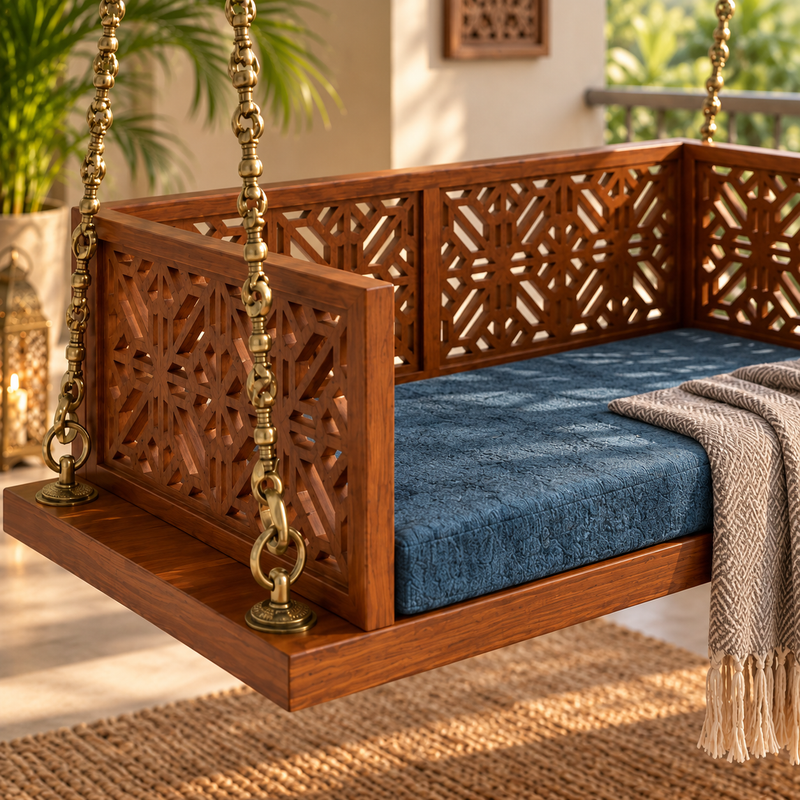Swing Wooden Jhula with Brass Coated Chainfor Indoor Outdoor & Balcony | House Swings 