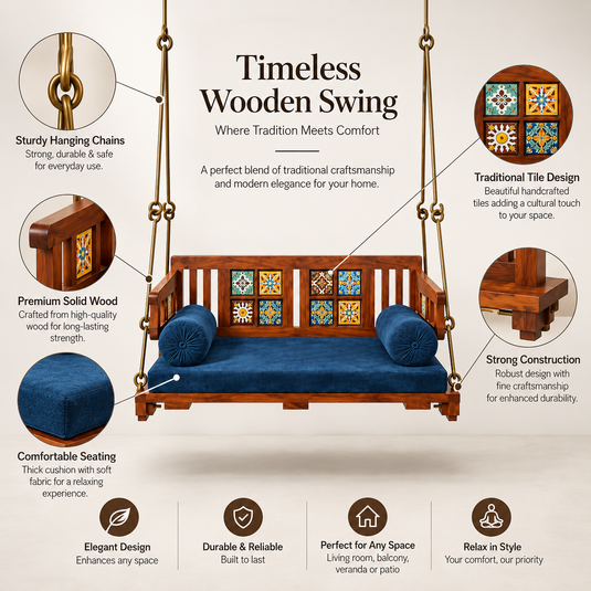 Translation missing: en.APRODZ Swing for Home Solid Sheesham Wooden Jhula for Adult for Home | Wooden Swing for Balcony | with Brass Coated Chain | Patio Double Seater Indoor/Outdoor Swing, DIY Assembly 