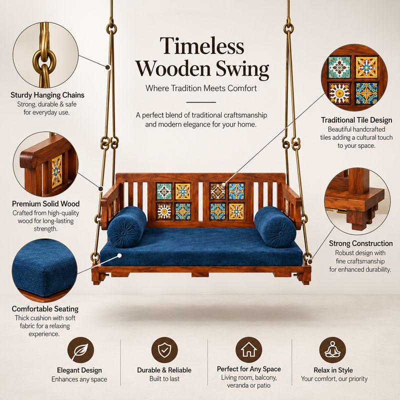 APRODZ Swing for Home Solid Sheesham Wooden Jhula for Adult for Home | Wooden Swing for Balcony | with Brass Coated Chain | Patio Double Seater Indoor/Outdoor Swing, DIY Assembly 