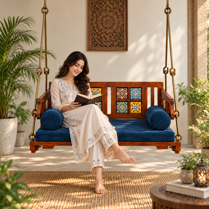 APRODZ Swing for Home Solid Sheesham Wooden Jhula for Adult for Home | Wooden Swing for Balcony | with Brass Coated Chain | Patio Double Seater Indoor/Outdoor Swing, DIY Assembly 