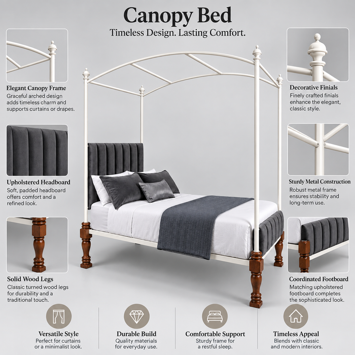 Translation missing: en.Iron Canopy Daybed with Turned Wood Legs - Antique White &amp; Natural Wood 