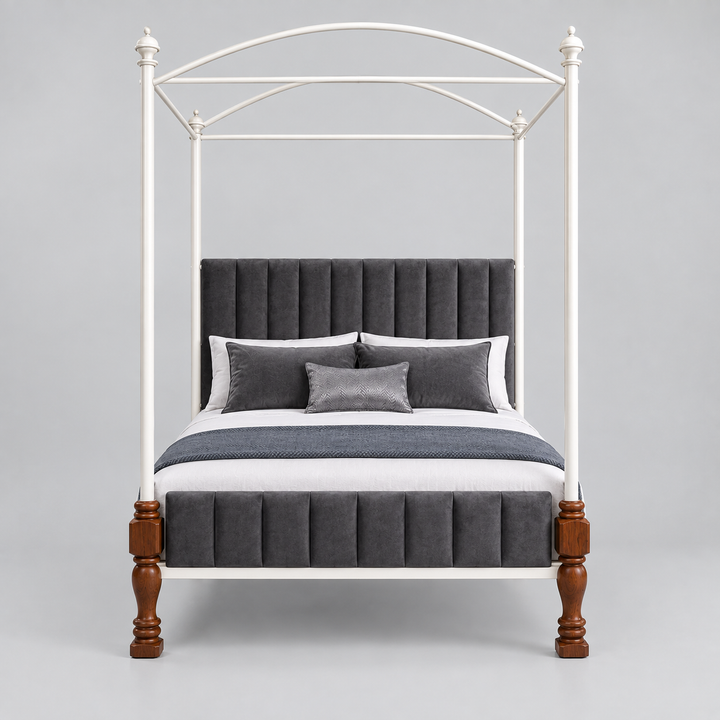 Translation missing: en.Iron Canopy Daybed with Turned Wood Legs - Antique White &amp; Natural Wood 