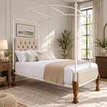 Iron Canopy Daybed with Turned Wood Legs - Antique White & Natural Wood 
