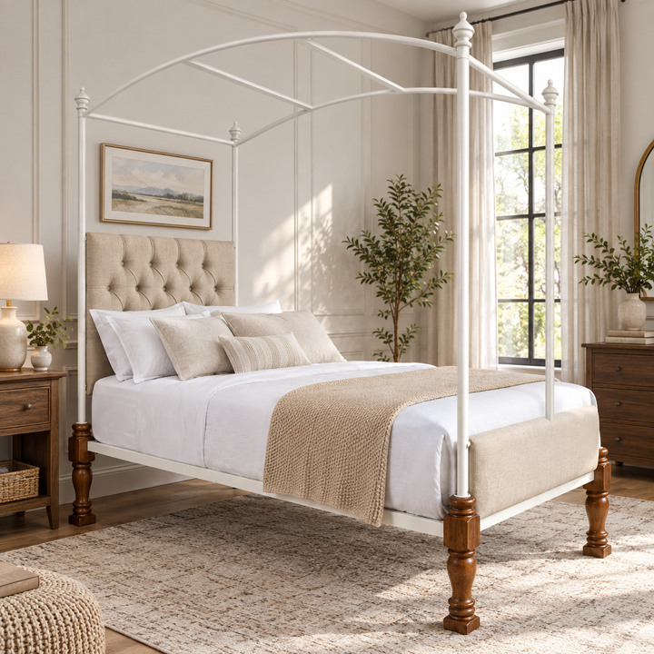 Translation missing: en.Iron Canopy Daybed with Turned Wood Legs - Antique White &amp; Natural Wood 