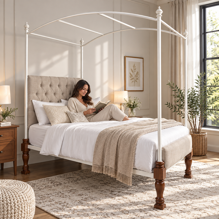 Translation missing: en.Iron Canopy Daybed with Turned Wood Legs - Antique White &amp; Natural Wood 