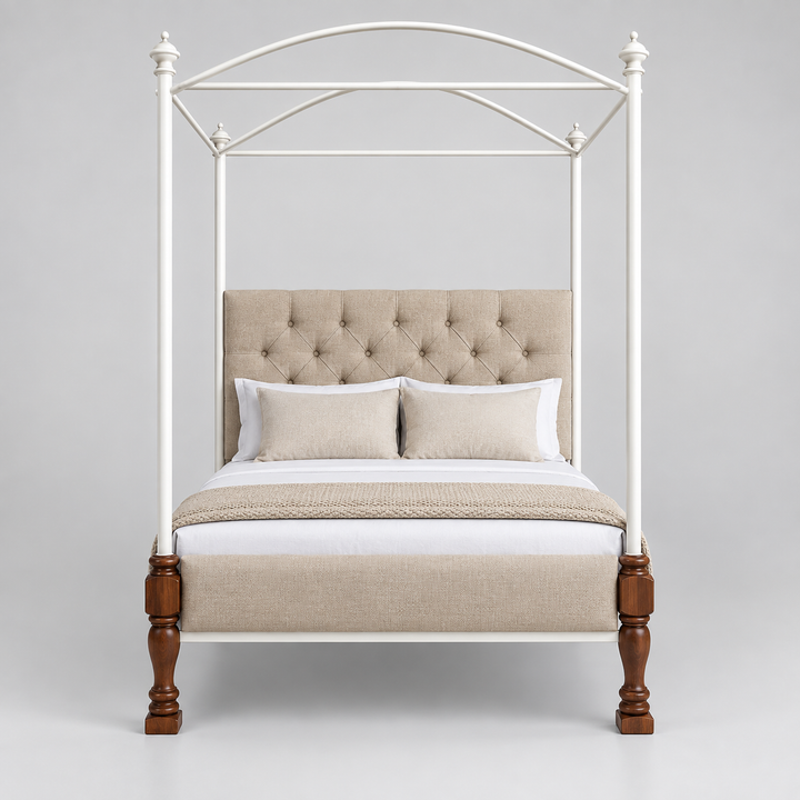Translation missing: en.Iron Canopy Daybed with Turned Wood Legs - Antique White &amp; Natural Wood 