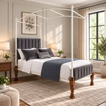 Iron Canopy Daybed with Turned Wood Legs - Antique White & Natural Wood 