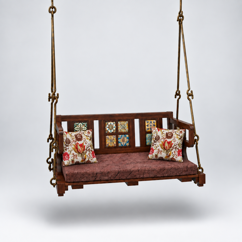 APRODZ Swing for Home Solid Sheesham Wooden Jhula for Adult for Home (Walnut Finish) | Wooden Swing for Balcony | with Brass Coated Chain | Patio Double Seater Indoor/Outdoor Swing , DIY Assembly  swing