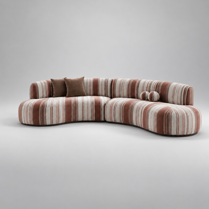 Translation missing: en.6 Seater Curved Sectional Sofa Set with Swivel Accent Chair, Modern Striped Fabric Couch for Living Room, Terracotta and Cream Stripe 