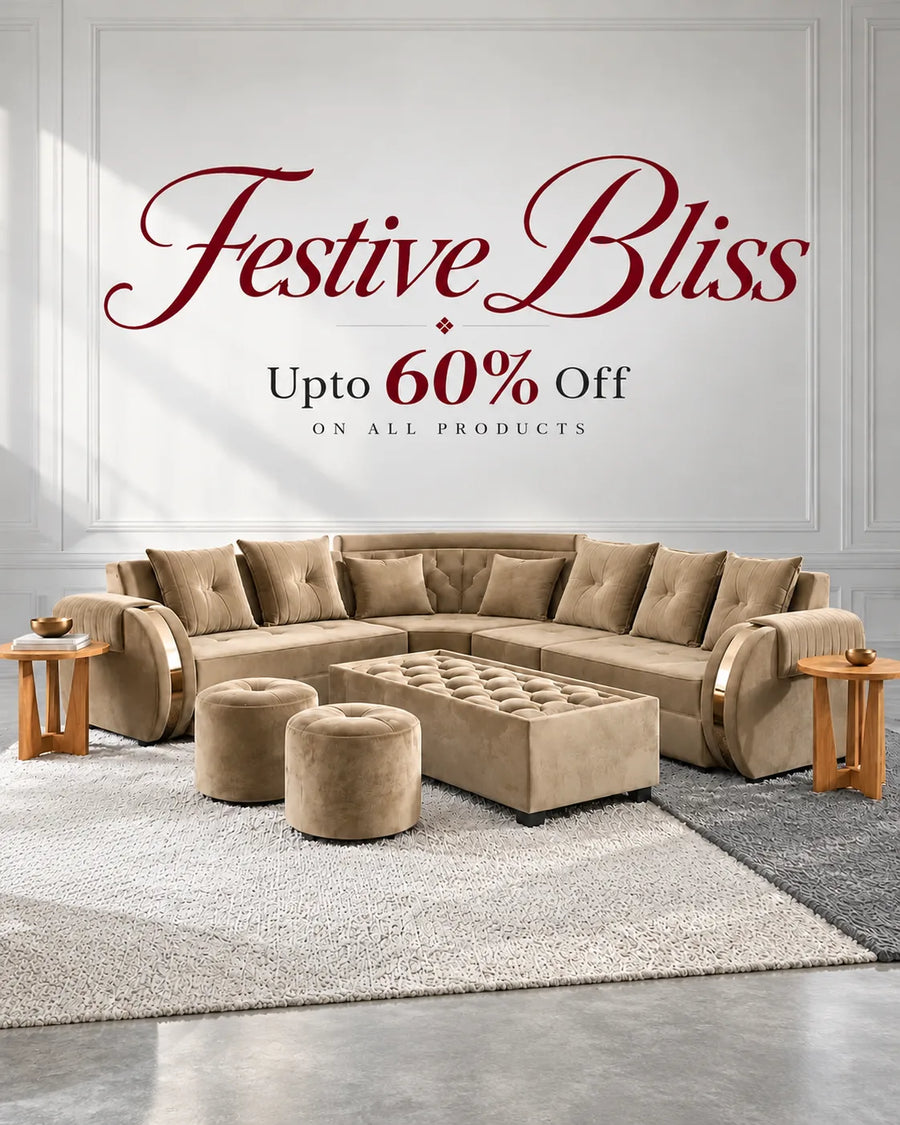 Festive Bliss sale banner featuring a luxury beige sofa with up to 60% off on APRODZ furniture