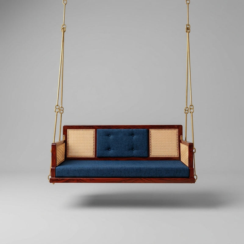 Wooden Cane Reversible Swing (Jhula) with Brown Tufted Cushions and Chain 
