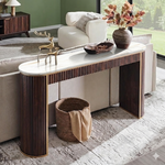Modern Fluted Console Table with Ceramic Marble Top & Dark Walnut Finish, Long Narrow Entryway Sofa Table for Hallway, Foyer and Living Room 