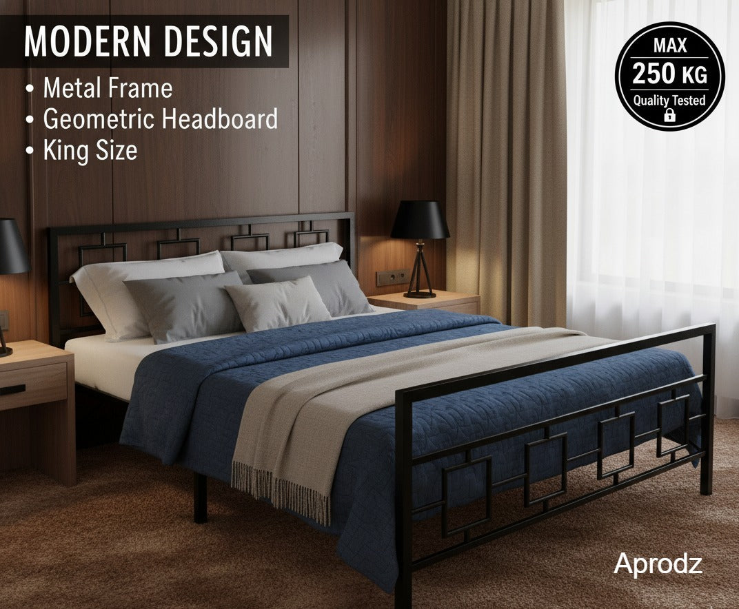 Metal Bed | Metal Bed With Foam Mattress Included | (King, Queen, Single Size with Mattress) (Geometric Design & Geometric Design with Foam) Aprodz