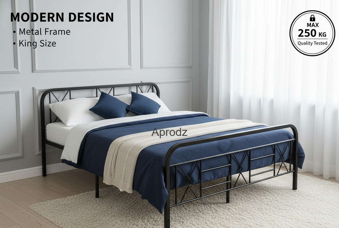 Metal Bed (Geometric Design(A) & Geometric Design(A) With Foam) | Folding Bed No Assembly Required | Powder Coated | King Size & Queen Size) Aprodz