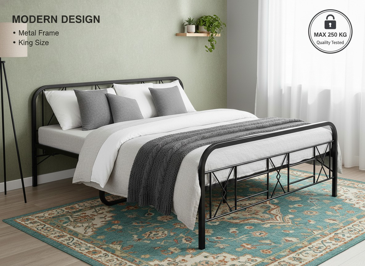 Metal Bed (Geometric Design(A) & Geometric Design(A) With Foam) | Folding Bed No Assembly Required | Powder Coated | King Size & Queen Size) Aprodz