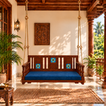 Wooden Hanging Swing with Blue Cushion – Traditional Handcrafted Wooden Jhula with Decorative Backrest for Home, Balcony & Garden 
