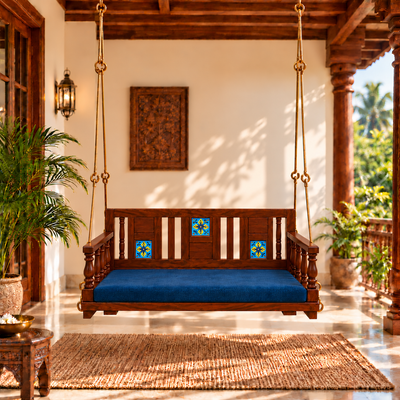 Wooden Hanging Swing with Blue Cushion – Traditional Handcrafted Wooden Jhula with Decorative Backrest for Home, Balcony & Garden 