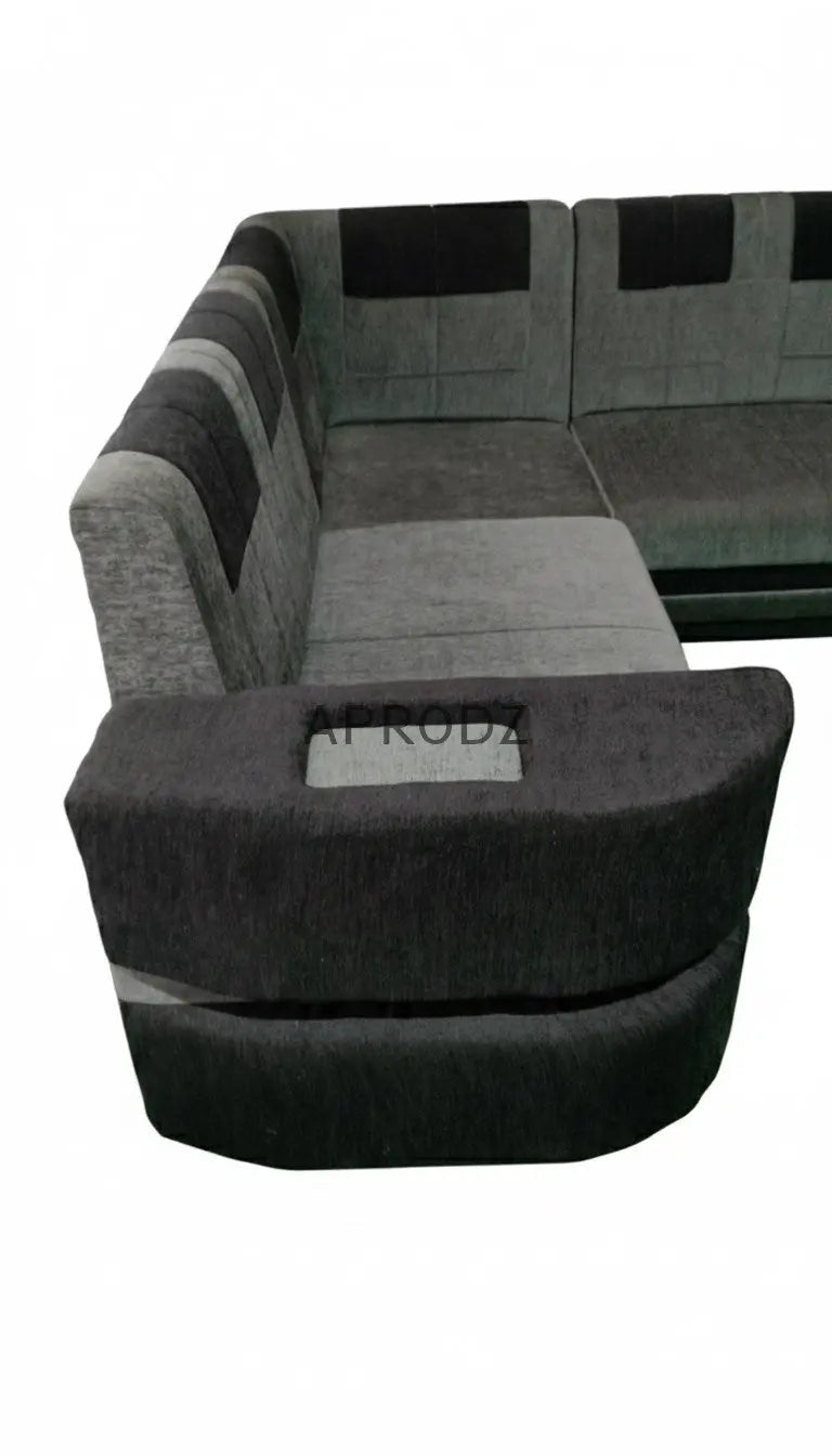 Modern L-Shaped Sectional 7-Seater Sofa with Coffee Table Padded Armrest Perfect Fabric Corner Sofa for Guests Living Room, Drawing Room, Office & Lounge Grey and Black 