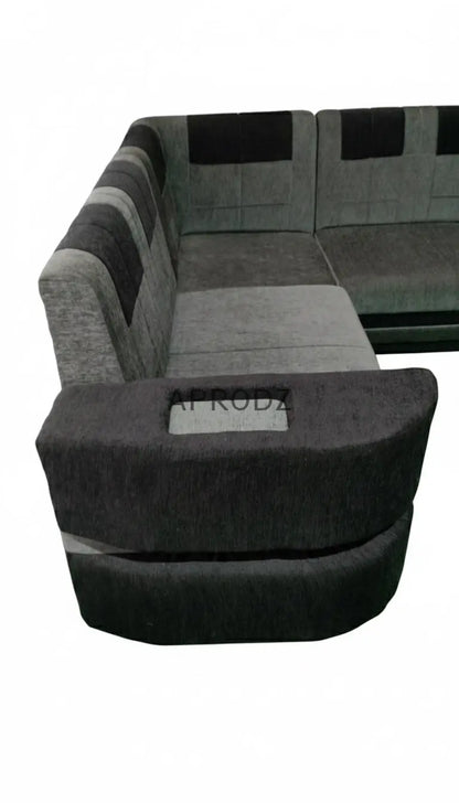 Modern L-Shaped Sectional 7-Seater Sofa with Coffee Table Padded Armrest Perfect Fabric Corner Sofa for Guests Living Room, Drawing Room, Office & Lounge Grey and Black 