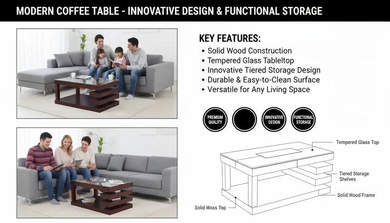 Sophisticated Centre Table without Tempered Glass Top | Modern Living Room Coffee Table | Stylish & Durable Wooden Base | Home Decor Furniture 