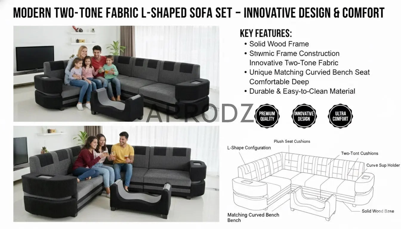 Modern L-Shaped Sectional 7-Seater Sofa with Coffee Table Padded Armrest Perfect Fabric Corner Sofa for Guests Living Room, Drawing Room, Office & Lounge Grey and Black 