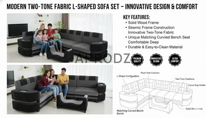 Modern L-Shaped Sectional 7-Seater Sofa with Coffee Table Padded Armrest Perfect Fabric Corner Sofa for Guests Living Room, Drawing Room, Office & Lounge Grey and Black 