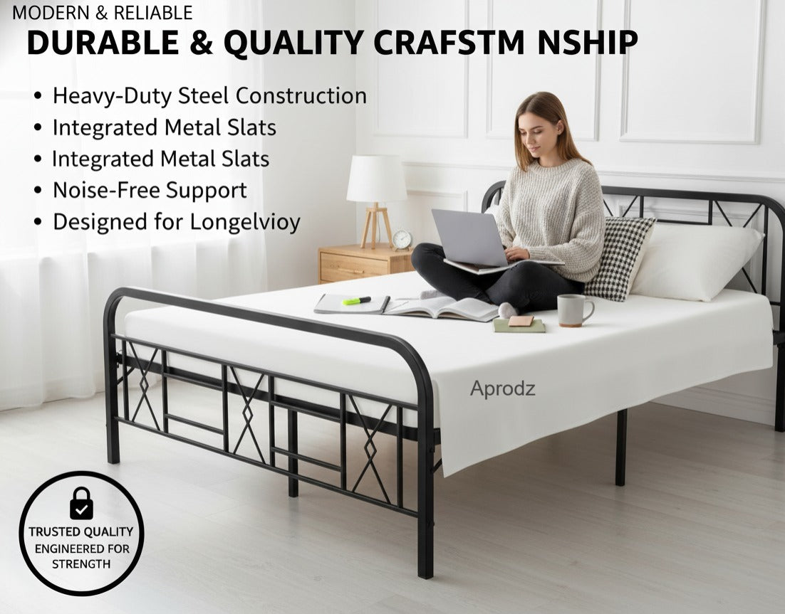 Metal Bed (Geometric Design(A) & Geometric Design(A) With Foam) | Folding Bed No Assembly Required | Powder Coated | King Size & Queen Size) Aprodz