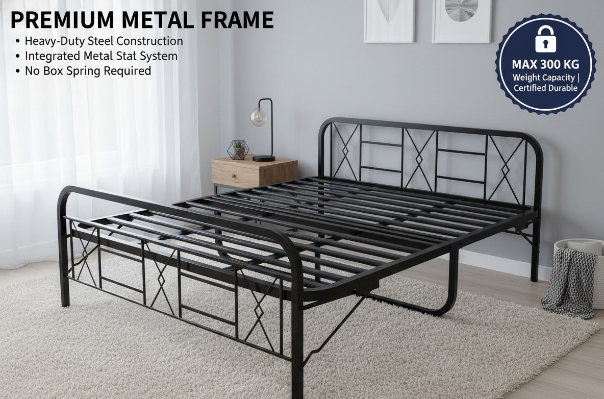 Metal Bed (Geometric Design(A) & Geometric Design(A) With Foam) | Folding Bed No Assembly Required | Powder Coated | King Size & Queen Size) Aprodz