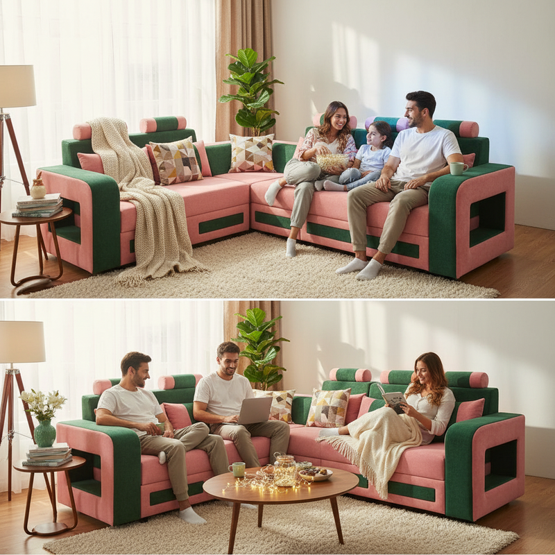 L-Shaped Sectional 6-Seater Sofa with Padded Armrest, Perfect Fabric Corner Sofa 