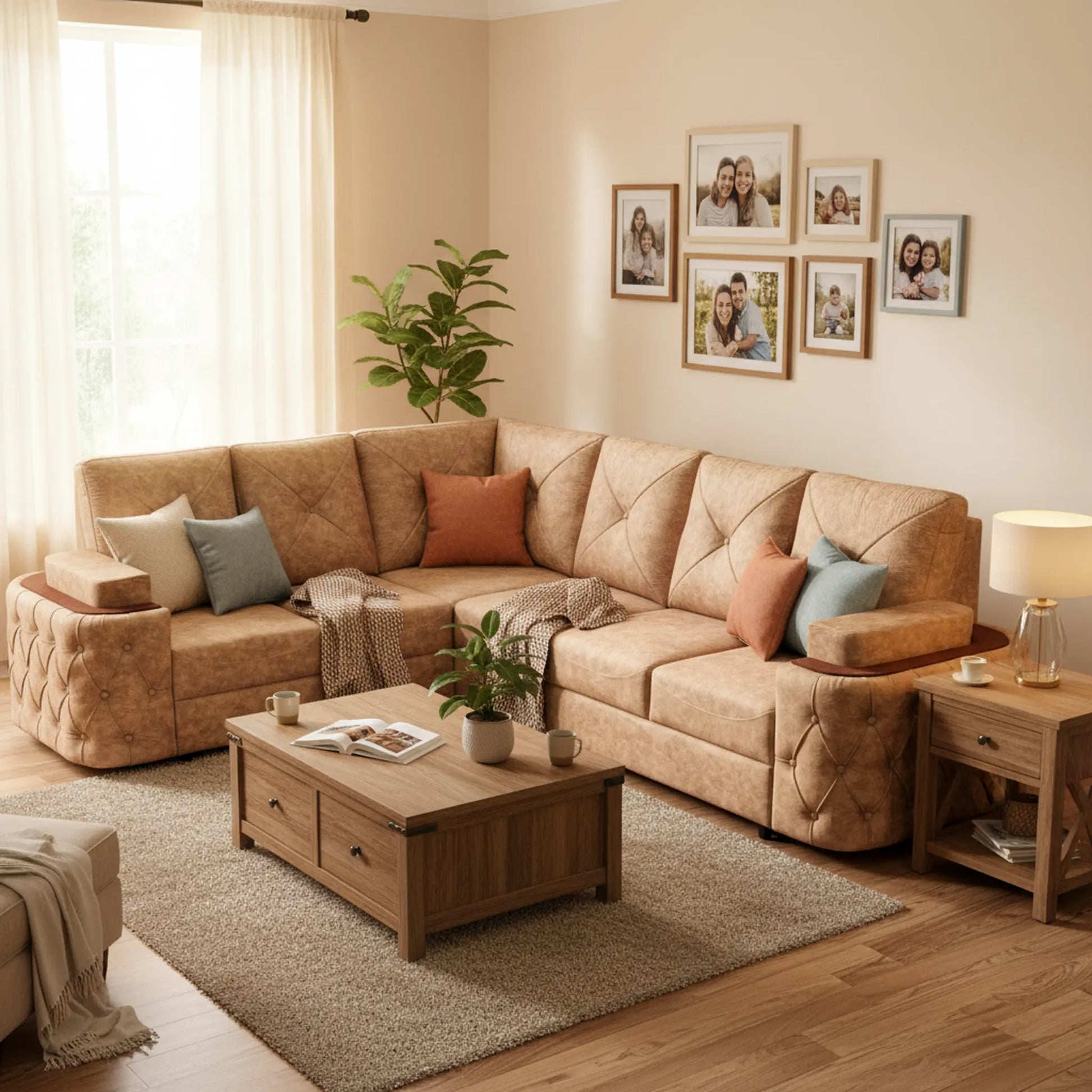 Living room with beige sectional sofa, wooden coffee table, and framed photos on the wall.