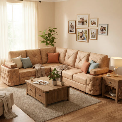 Living room with beige sectional sofa, wooden coffee table, and framed photos on the wall.