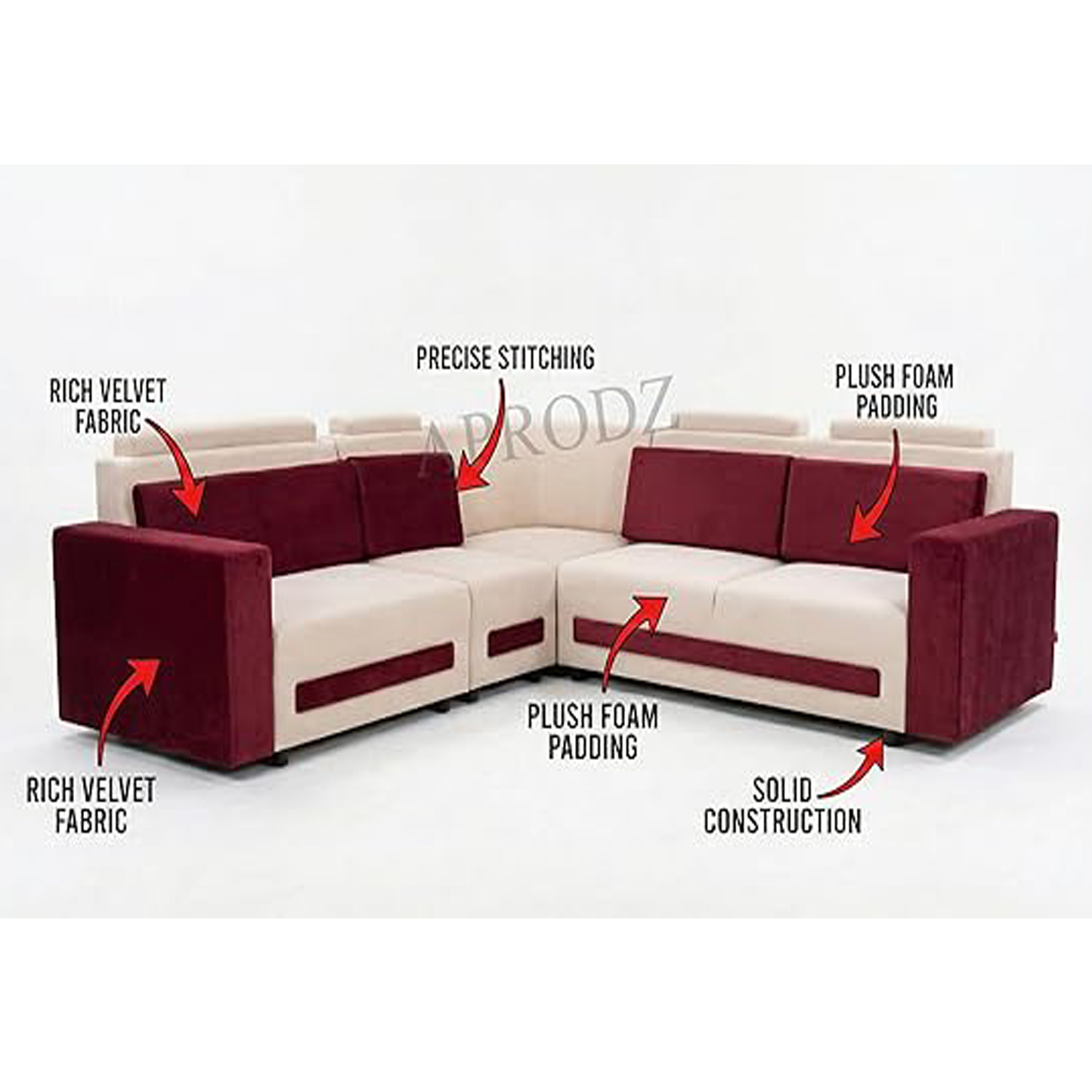 Modern L-Shaped Sectional Sofa, 6-Seater, Maroon and Cream, Contemporary Design 