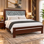 Sheesham Wood Bed Without Storage | Solid Wood Double Bed | Tufted Upholstered Headboard | Dark Walnut  Bed