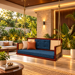 Wooden Cane Reversible Swing (Jhula) with Brown Tufted Cushions and Chain 