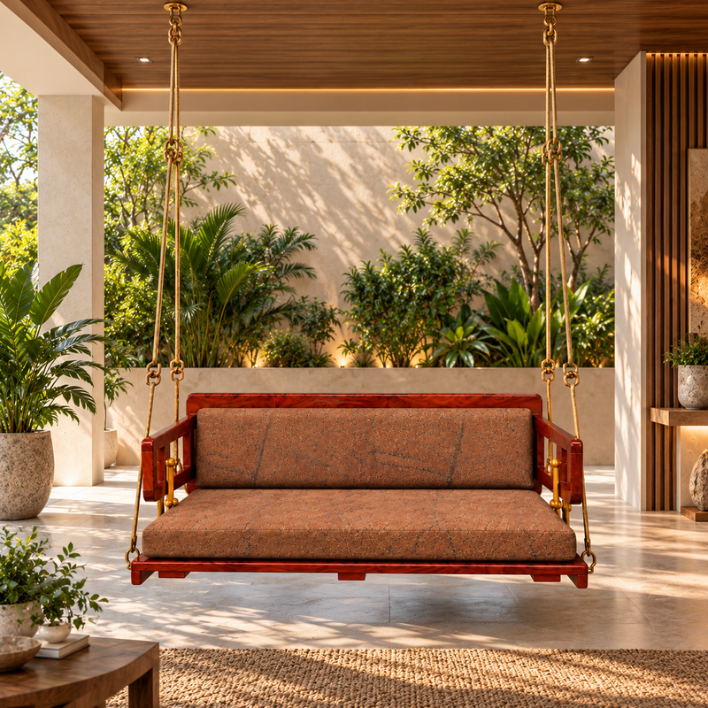 Wooden Platform Reversible Swing (Jhula) with Cushions and Chains 
