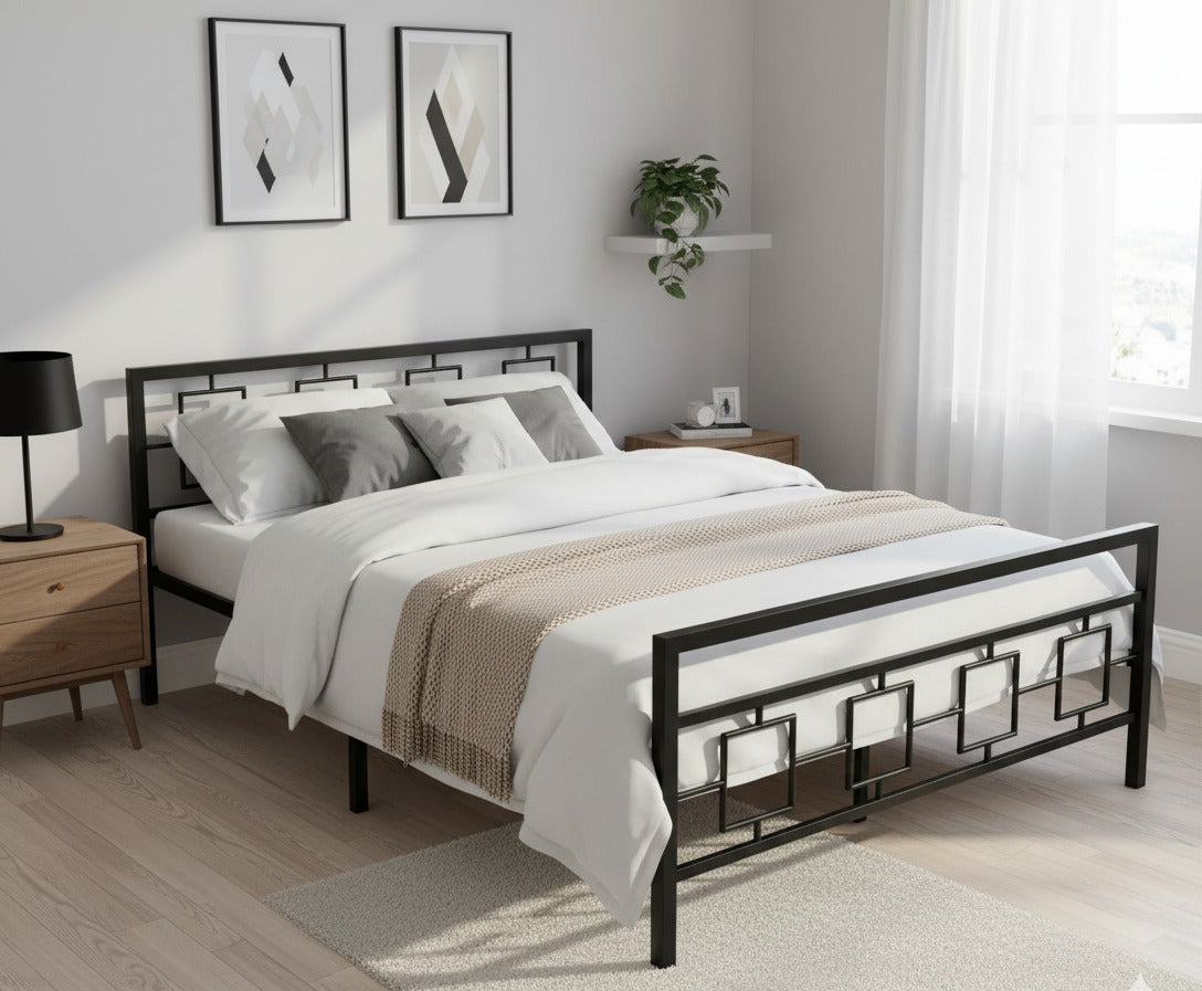 Metal Bed | Metal Bed With Foam Mattress Included | (King, Queen, Single Size with Mattress) (Geometric Design & Geometric Design with Foam) Aprodz