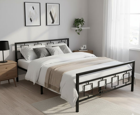 Metal Bed | Metal Bed With Foam Mattress Included | (King, Queen, Single Size with Mattress) (Geometric Design & Geometric Design with Foam) Aprodz