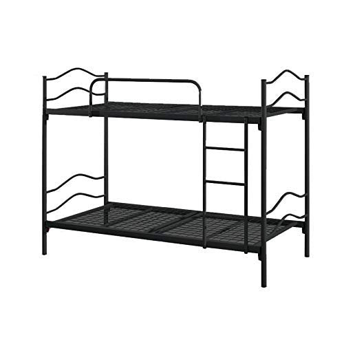 A black powder-coated metal bunk bed with a single bed on the bottom and a twin bed on top, featuring a sturdy ladder and guardrails.