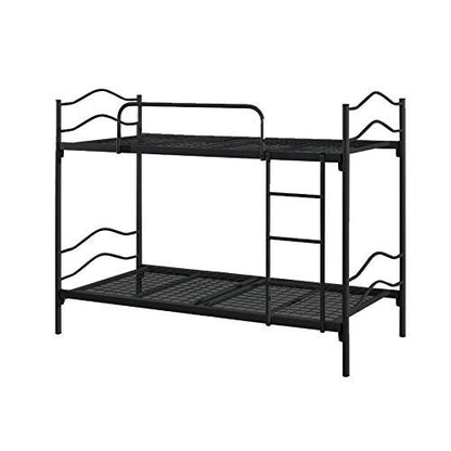 A black powder-coated metal bunk bed with a single bed on the bottom and a twin bed on top, featuring a sturdy ladder and guardrails.