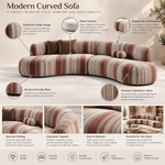 6 Seater Curved Sectional Sofa Set with Swivel Accent Chair, Modern Striped Fabric Couch for Living Room, Terracotta and Cream Stripe 