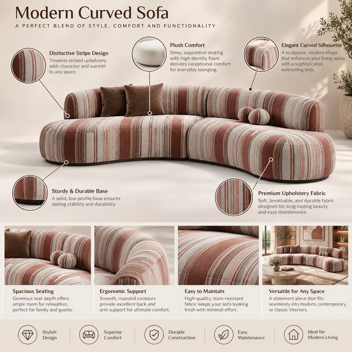 Translation missing: en.6 Seater Curved Sectional Sofa Set with Swivel Accent Chair, Modern Striped Fabric Couch for Living Room, Terracotta and Cream Stripe 