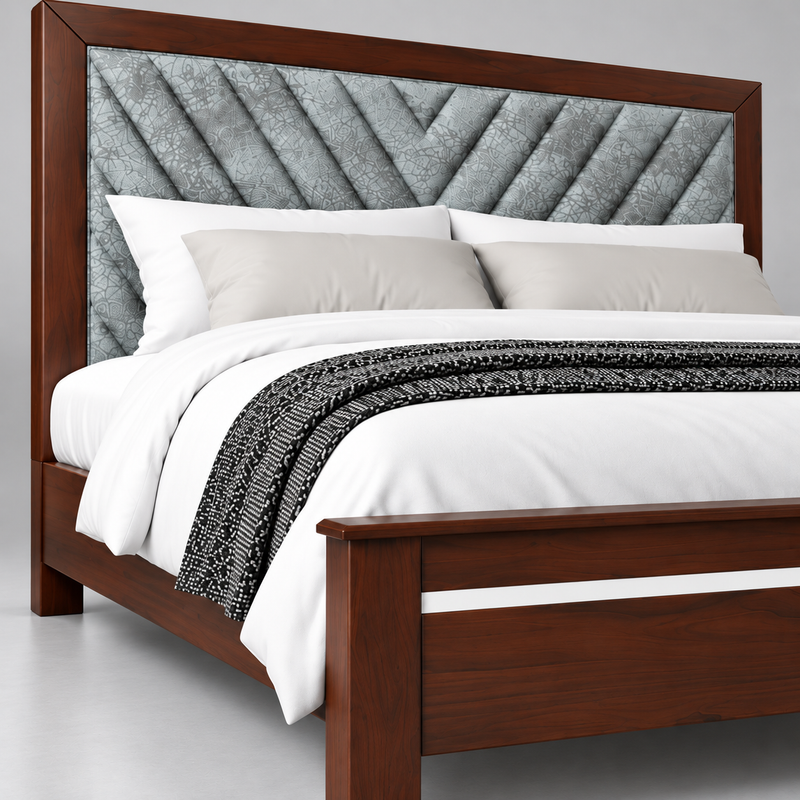 Sheesham Wood Bed Without Storage | Solid Wood Double Bed | Tufted Upholstered Headboard | Dark Walnut  Bed