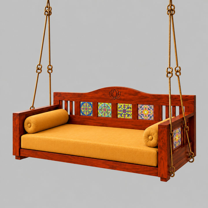 Translation missing: en.Wooden Jhula Swing with Lotus Carved Backrest, Ceramic Tiles &amp; Mustard Cushion 