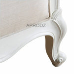 Mango Wood Upholstered Bed | Solid Wood Bed with Linen Beige Fabric & White Finish 