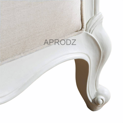 Hand Carved French Mango Wood Upholstered Bed  (Solid Wood - Linen Beige Fabric + White Finish) 