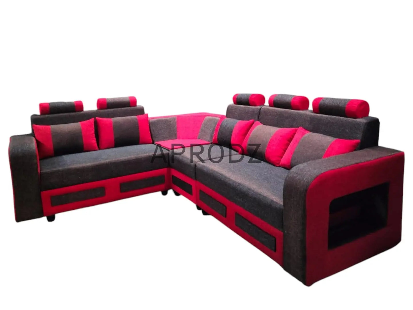 L-Shaped Sectional 6-Seater Sofa with Padded Armrest, Perfect Fabric Corner Sofa for Guests Living Room, Drawing Room, Office & Lounge (Grey/Red) 